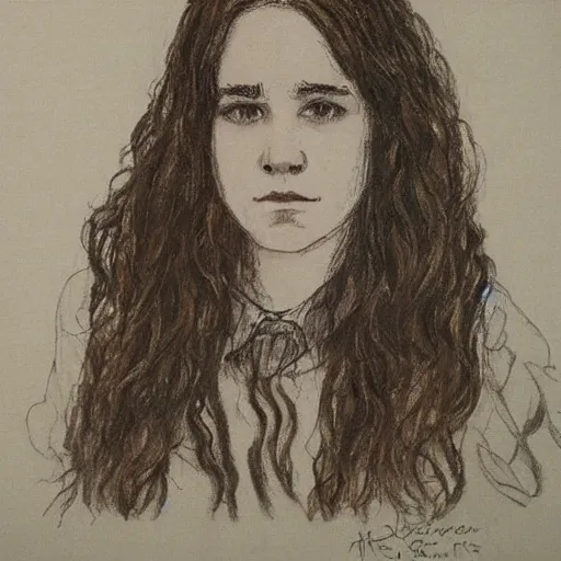 Prompt: hermione granger face, in the Hogwarts common room, drawn by Mikhail Vrubel