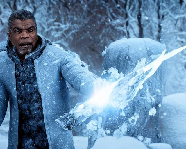 Prompt: keith david as a powerful ice mage casting a snow spell, fantasy art, extremely detailed, high quality, award - winning,