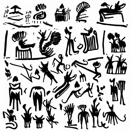 Image similar to black and white composition of a variety of doodles, drawings, faces, symbols, cartoons, lineart, cave drawing, silhouette, tattoo, chinese ink brush