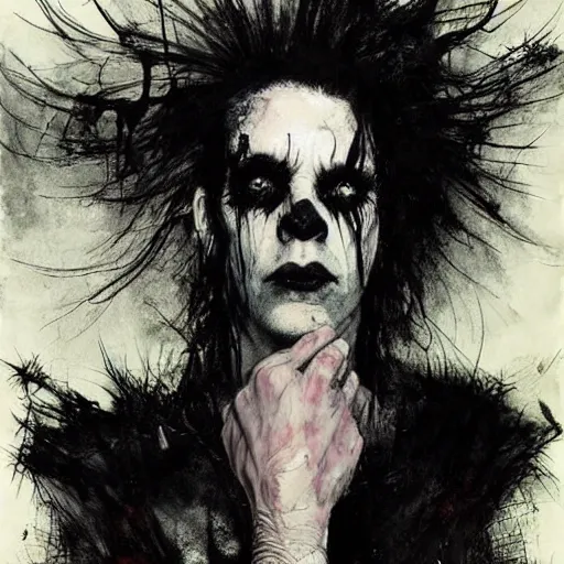 Prompt: gaunt ( the cure fan ) as dream from sandman, by jeremy mann, by cedric peyravernay, by ben templesmith, by dave mckean and richard avedon, dramatic lightning, sadness, closed eyes, dark eye sockets, in the shadows, black t - shirt, 1 9 8 0's, punk rock, gothic, high detailed, 8 k