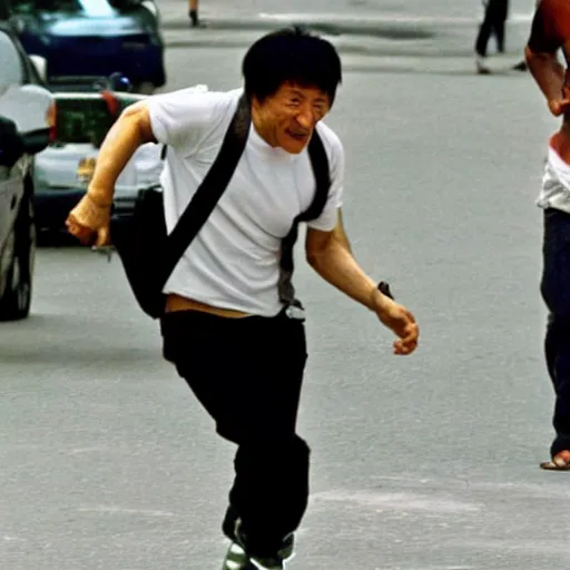 Image similar to jackie chan getting robbed in rio de janeiro running after the thief