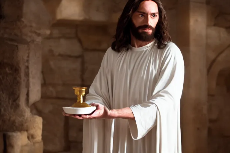 Image similar to Jesus holding the holy grail, cinematic masterpiece, warm atmosphere, very sharp and detailed image