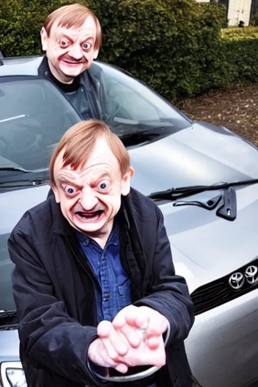 Prompt: Mark E Smith laughing at a Toyota Yaris car