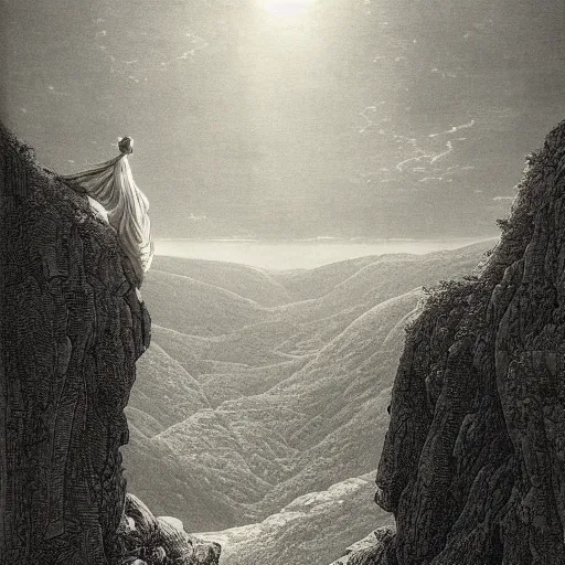 Image similar to A lonely woman looks down from a gigantic cliff, mountains, gorgeous view, lush valley, distant forest, spirals, distant city, distant glow, night, sunset, dramatic light, Chiaroscuro, long shadows, dark, masterpiece, high detail, detailed, illustration by Paul Gustave Doré