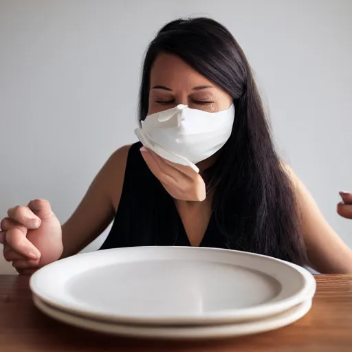 Prompt: woman with a nose mask, eating a plate of soy