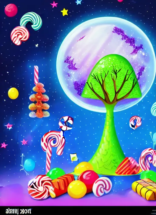 Prompt: candy planet cartoon poster with fantasy alien trees and sweets. magic unusual nature landscape for computer game, fairy tale cosmic background with beautiful strange plants