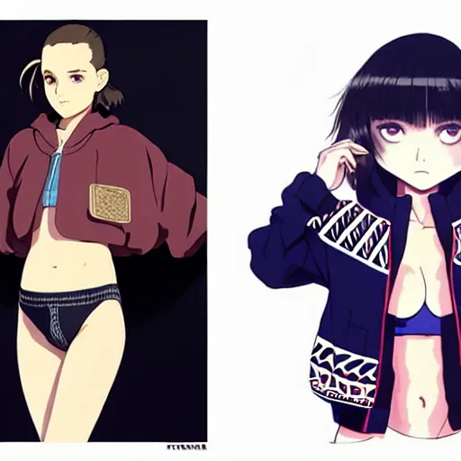 Image similar to a beautiful! boyish! natalie portman alluring gravure! model, wearing oversized aztec bomber jacket and leotard, poofy bomber jacket with mayan patterns, gapmoe yandere grimdark, trending on pixiv fanbox, painted by greg rutkowski makoto shinkai takashi takeuchi studio ghibli, akihiko yoshida