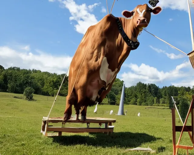 Prompt: A cow getting launched from a trebuchet