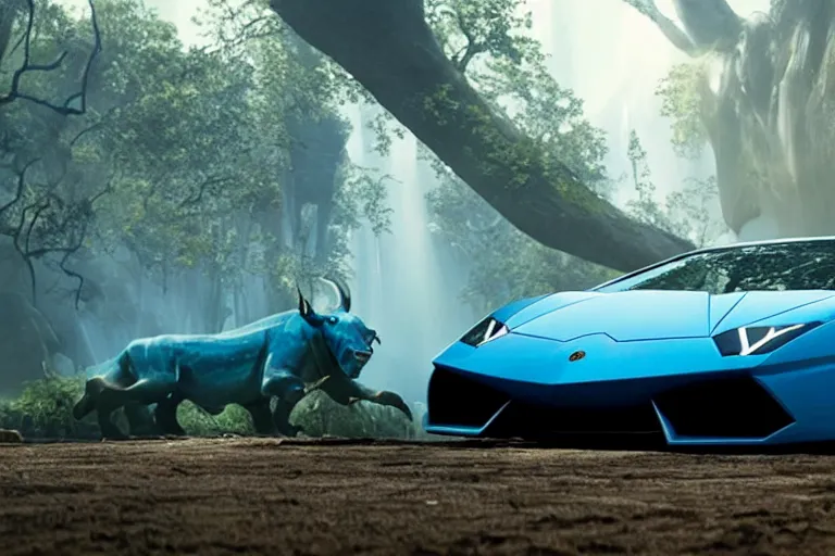 Image similar to A cinematic film still of a Lamborghini in the movie Avatar.