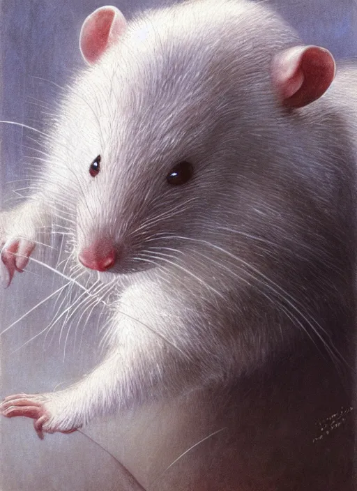 Image similar to portrait of a white rat as a hobbit, by alan lee, lord of the rings, smooth, oil painting, matte painting, concept art, trending on artstation, promotional artwork, film still, elegant, photorealistic facial features, intricate, detailed face, cinematic lighting