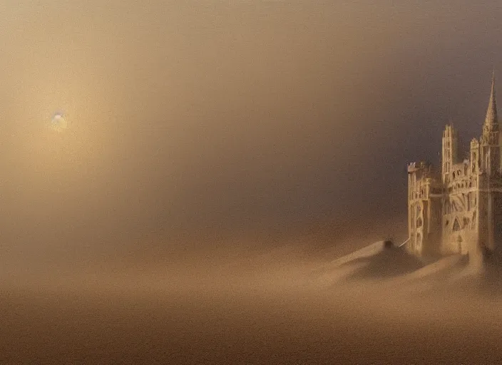 Prompt: a sand castle in a foggy desert, by jean delville and sophie anderson and mandy jurgens and jean - auguste - dominique ingres, moody atmosphere, cinematic atmospheric, cinematic lighting, golden ratio, perfect composition, elegant, no crop, extremely detailed, 4 k, hd, sharp focus, masterpiece, trending on artstation