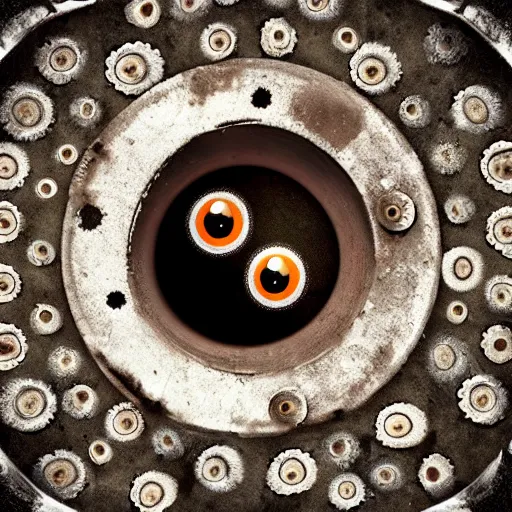 Prompt: rusty old wrench in a hole full of eyeballs