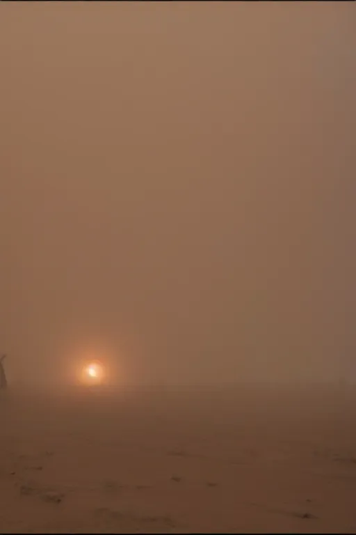 Prompt: a tall room, monolithic, open wall architecture, sand storm enters, streaks of dust, high winds, concrete pillars, ancient sci - fi elements, on an alien planet, sun is blocked by dust, pale orange colors, cinematographic wide angle shot, directed by christopher nolan