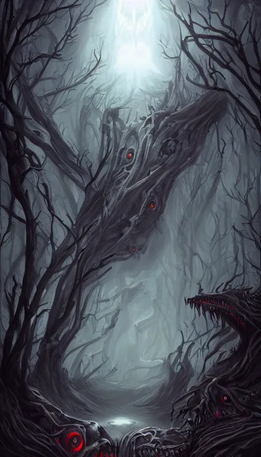 Prompt: a storm vortex made of many demonic eyes and teeth over a forest, by charlie bowater