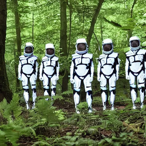 Image similar to a squad of space scouts wearing camo uniforms with white armor and helmets exploring a forest planet