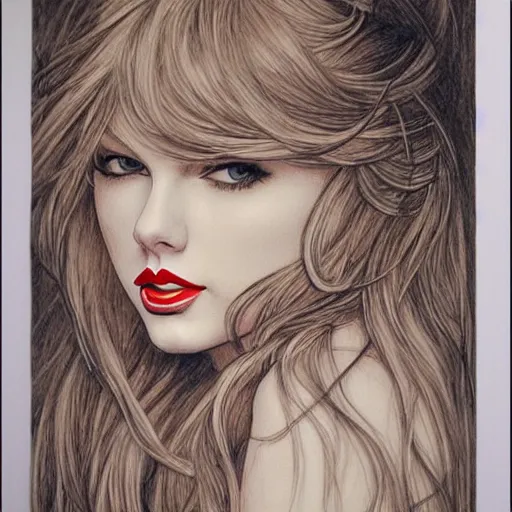 Image similar to romantic pencil drawing of taylor swift by james jean!!, mucha