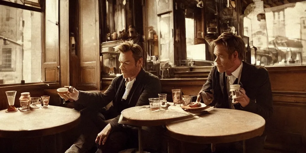 Image similar to ewan mcgregor is sitting at table in a cafe at paris in early 2 0 th century. next to him is a brown cat licking milk from little saucer, atmospheric feeling, warm colours, brown colours, yellow colours, epic scene, cinematic, very detailed