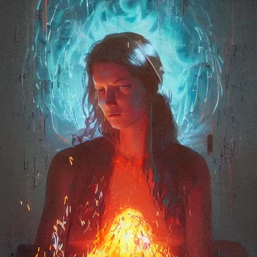 Image similar to she is watching how her digital past is burning with glitched flames made of bits, by greg rutkowski and esao andrews