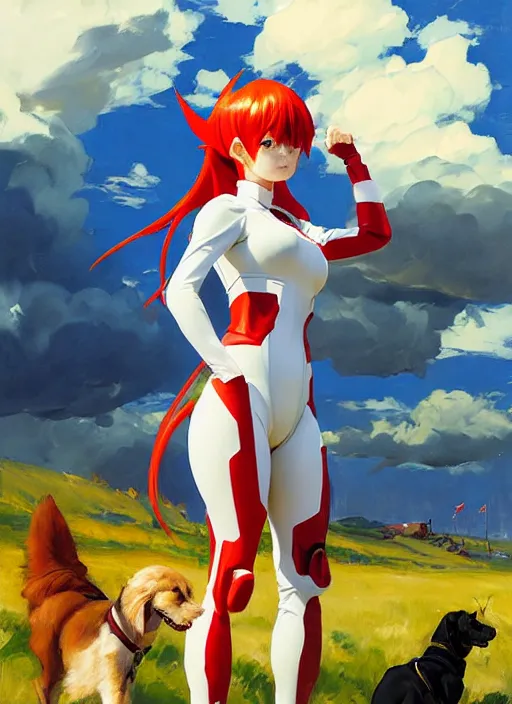 Image similar to Greg Manchess painting of Asuka Langley Soryu in Plugsuit out with the dogs, EVA unit-00 in the back, countryside, fantasy character portrait, dynamic pose, above view, sunny day, thunder clouds in the sky, artwork by Jeremy Lipkin and Giuseppe Dangelico Pino and Michael Garmash and Rob Rey, very coherent asymmetrical artwork, sharp edges, perfect face, simple form, wacky, 100mm