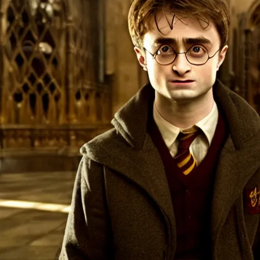 Image similar to Daniel radcliffe as harry potter, epic wide shot, cinematic shading, directed by Christopher Nolan,