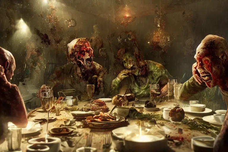 Image similar to the most amazing dream you ever had about zombies christmas dinner, hyper realistic, ambient lighting, concept art, intricate, hyper detailed, smooth, dynamic volumetric lighting, octane, cinematic