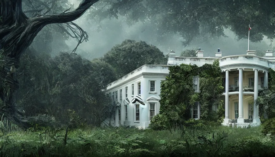 Image similar to Abandoned White House covered by vegetation, game art matte painting, hyperdetailed, artstation, cgsociety, 8k