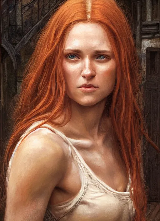 Prompt: a face portrait of a white woman in her twenties, she has long orange brown hair, white long tanktop, physically fit, tomboy, medieval, style by donato giancola, wayne reynolds, jeff easley dramatic light, high detail, cinematic lighting, artstation, dungeons and dragons