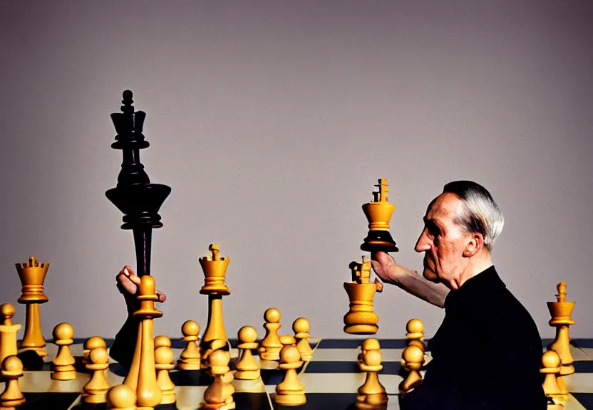 Image similar to a man holding up a bunch of chess pieces, a character portrait by marcel duchamp, flickr contest winner, precisionism, surrealist, studio portrait, provia