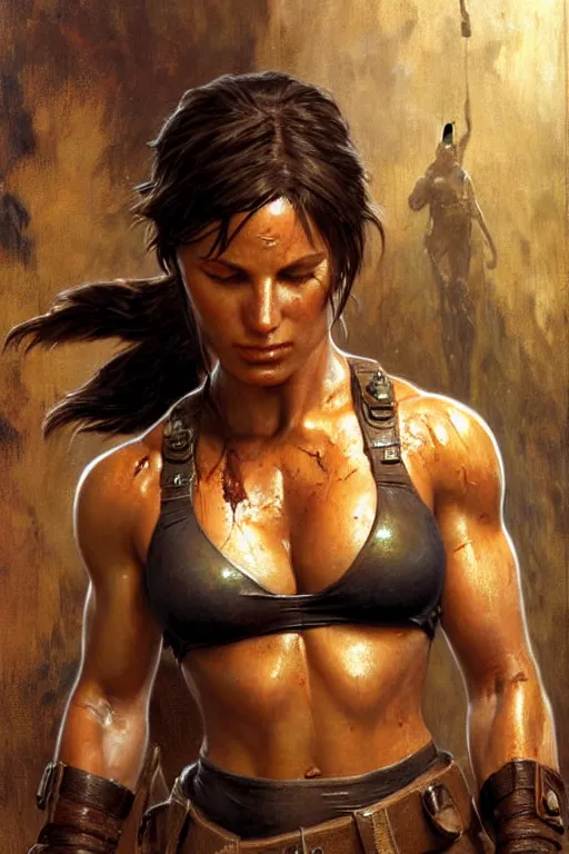 Prompt: muscular sweat lara croft, covers with mud exhausted face close up, highly detailed painting by gaston bussiere, craig mullins, j. c. leyendecker 8 k