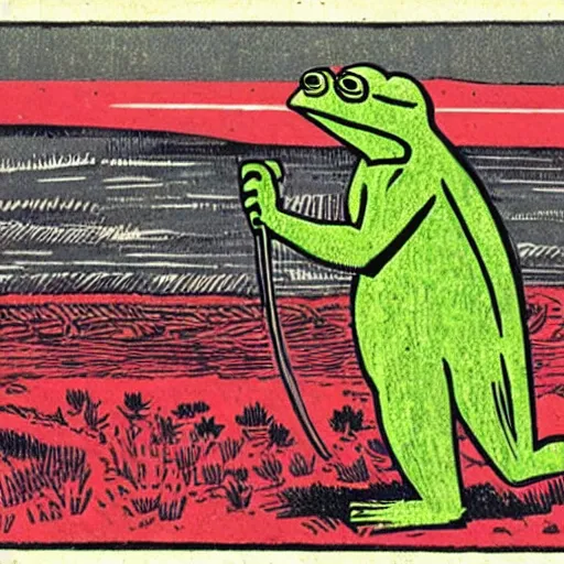 Image similar to pepe the frog, viking warrior, saga, 1 9 2 0 s magazine colors, woodcut by christian krohg