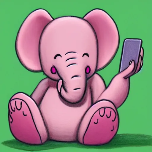 Prompt: light pink heffalump holding a smartphone, talking on the phone, detailed, color pencil art, children's illustration, trending on artstation