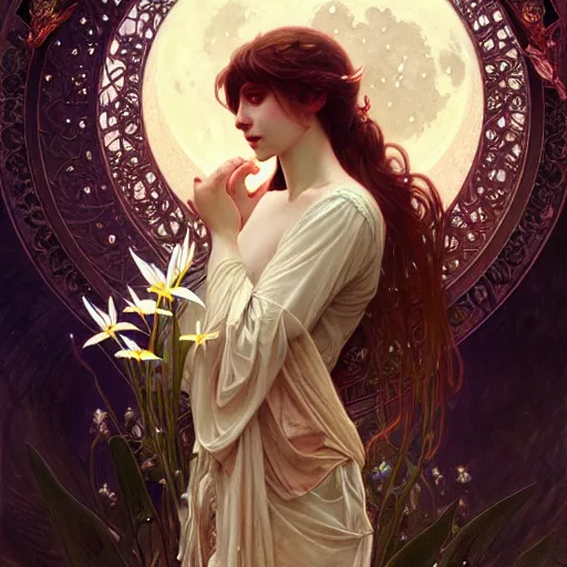 Image similar to A portrait of a fairy blessing moon lillies, fantasy, intricate, elegant, highly detailed, digital painting, artstation, concept art, smooth, sharp focus, illustration, art by Krenz Cushart and Artem Demura and Alphonse Mucha