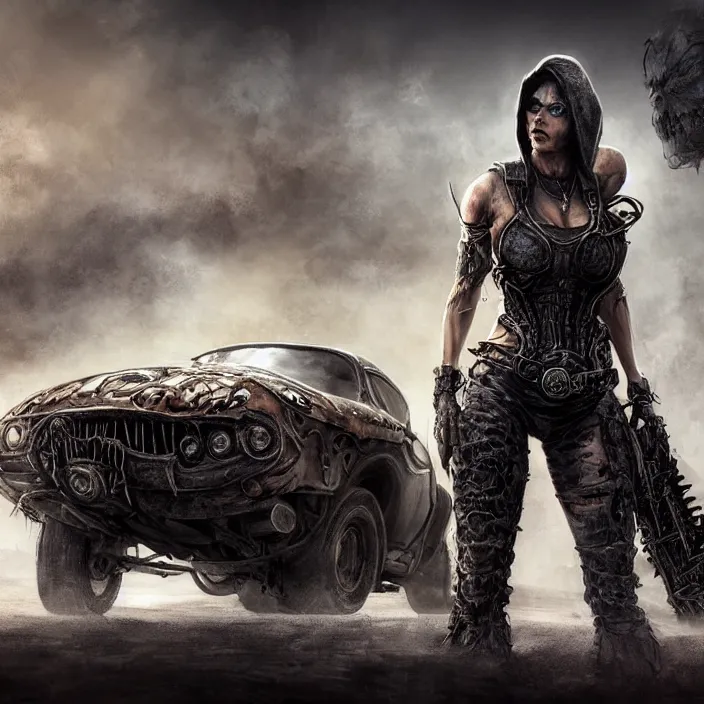 Image similar to beautiful apocalyptic woman in hooded cloak, standing on mad max muscle car, hyper-detailed, smooth, sharp focus, 4k ultra hd, fantasy dark art, tank girl, artgerm, artstation, octane render, elegant, detailed digital painting, apocalyptic art, gears of war, unreal engine, cryengine