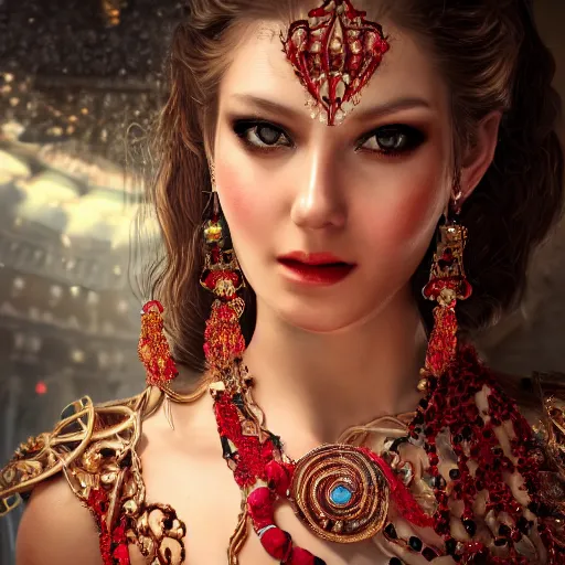 Image similar to photograph of wonderful princess with smooth fair skin, alluring eyes, red jewelry, breathtaking, elegant, ornate, intricate, hyper detailed, accent lighting, dramatic light, 4 k octane render