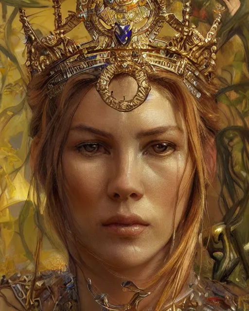 Image similar to highly detailed portrait of a majestic lioness queen in the form of a beautiful woman. d & d, art by donato giancola and ruan jia and carl larsson. trending on artstation, intricate details, energetic composition, golden ratio, concept art, illustration, elegant art