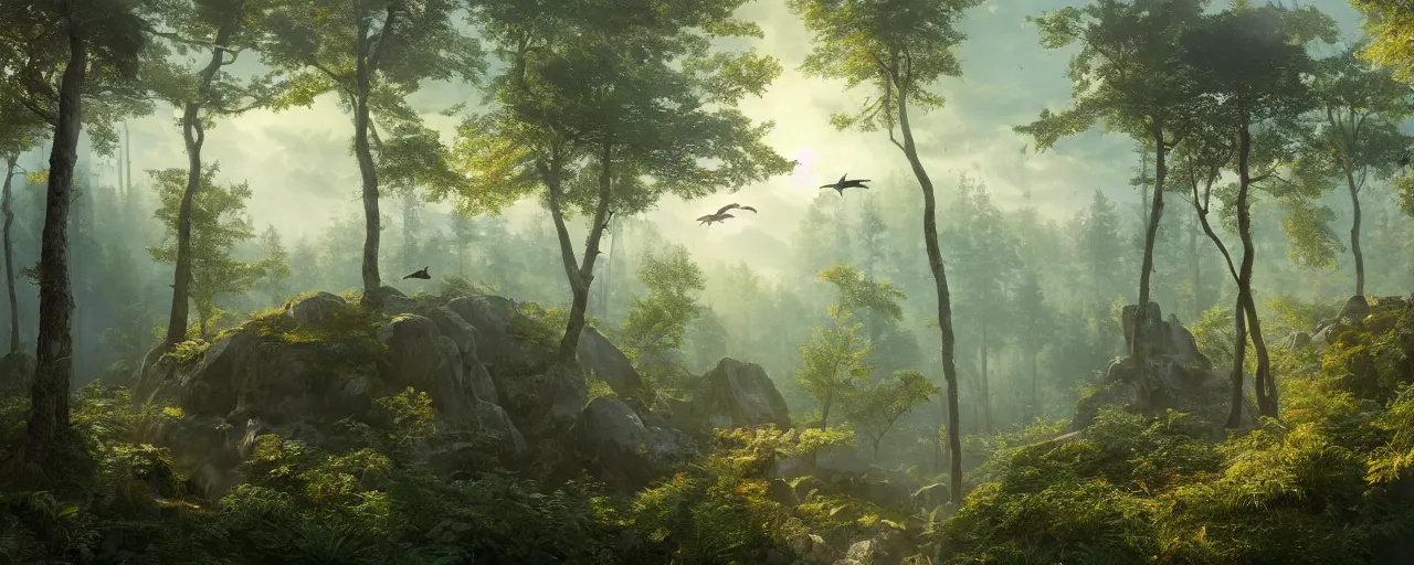 Prompt: birds flying in the forrest, beautiful dynamic lighting, cinematic, wide angle establishing shot, extremely high detail, photo realistic, cinematic lighting, post processed, concept art, artstation, matte painting, style by frederic church, raphael lacoste, unreal engine 8 k