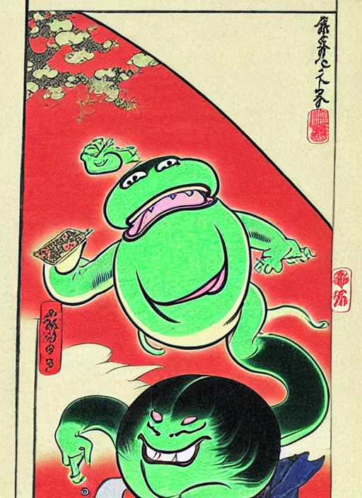 Image similar to slimer as a yokai illustrated by kawanabe kyosai and toriyama sekien