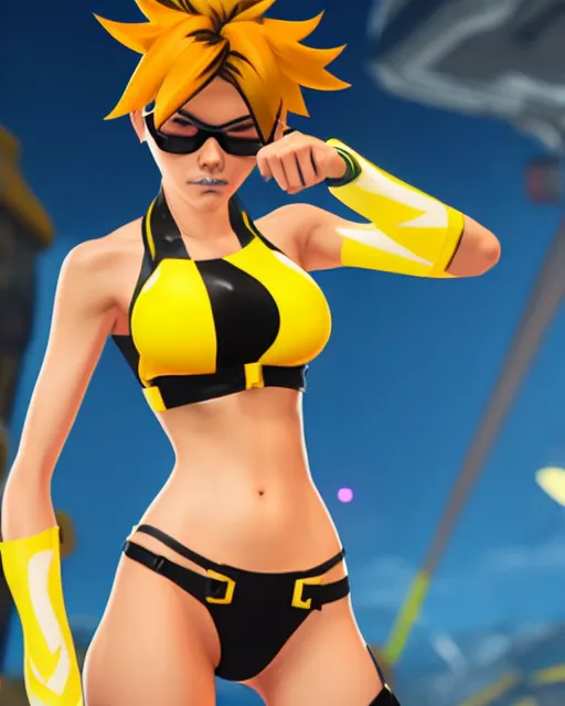 Image similar to tracer game character, in yellow bikini, blonde hair, black eyes, full height