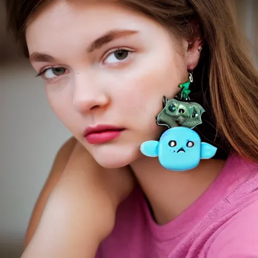 Image similar to beautiful girl wearing earrings made of cute monsters