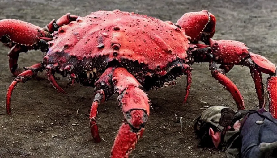 Prompt: big budget horror movie about giant mutant crabs bloodily rips off a soldier's head.