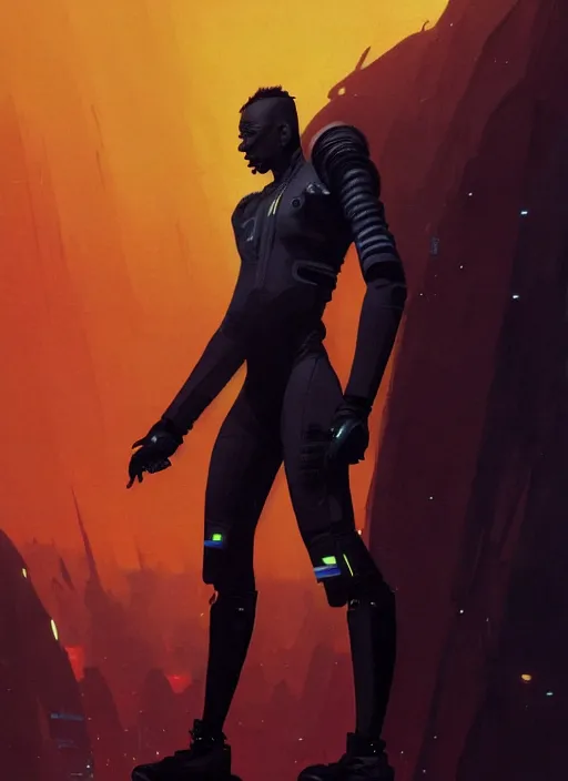 Image similar to full body side profile of a slim black man with a mohawk wearing futuristic techwear, highly detailed clothing, angular jawline, digital painting, artstation, blade runner concept art, smooth, sharp focus, electric orange light, fantasy art by greg rutkowski, loish, rhads, ferdinand knab, makoto shinkai, ilya kuvshinov, rossdraws