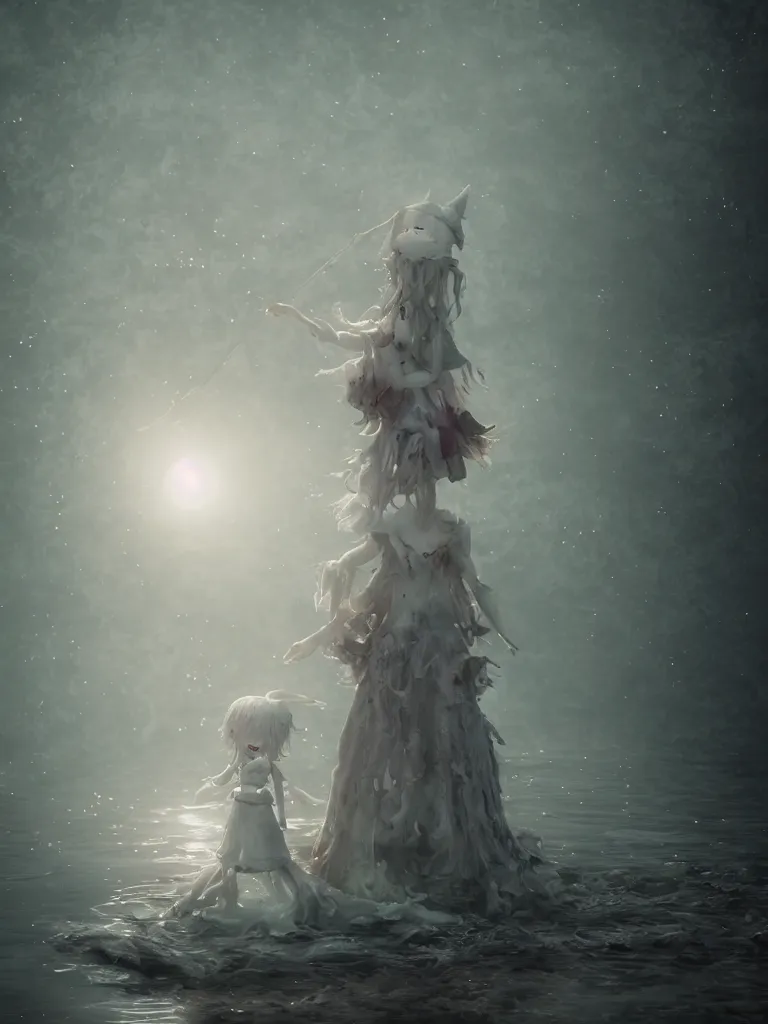 Image similar to cute fumo plush girl witch standing in reflective murky ghastly river water, otherworldly gothic horror maiden in tattered cloth, hazy heavy swirling murky volumetric fog and smoke, moonglow, lens flare, vray