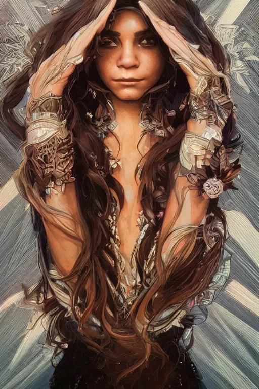 Image similar to symmetry!! portrait of vanessa hudgens in the style of horizon zero dawn, machine face, intricate, elegant, highly detailed, digital painting, artstation, concept art, smooth, sharp focus, illustration, art by artgerm and greg rutkowski and alphonse mucha, 8 k