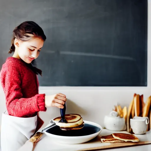 Image similar to a beautiful girl cooks delicious pancakes in a minimalist kitchen with white walls, a red oak table.