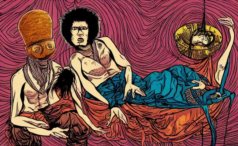 Image similar to the mars volta album cover deloused in the comatorium in a comic style.