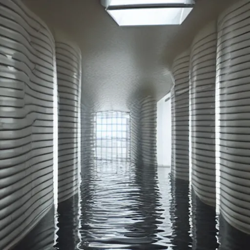 Image similar to a curved hallways made of white tiles, flooded,