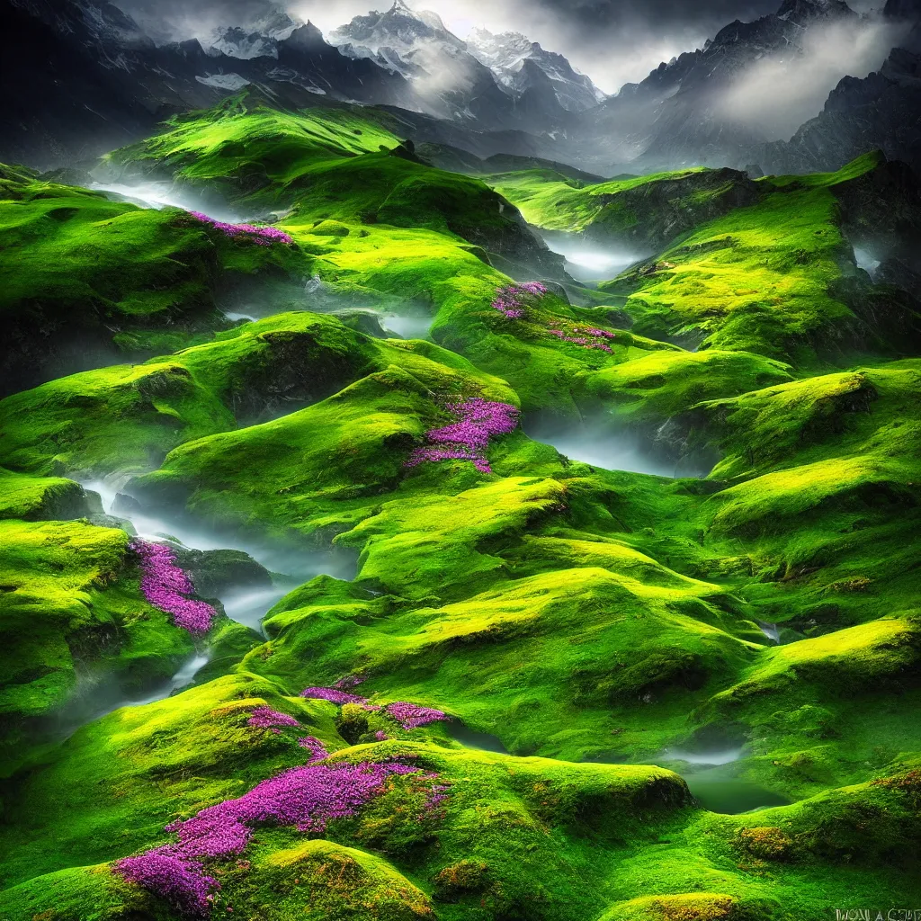 Image similar to amazing landscape photo of switzerland green spring with flowers by marc adamus, beautiful dramatic lighting