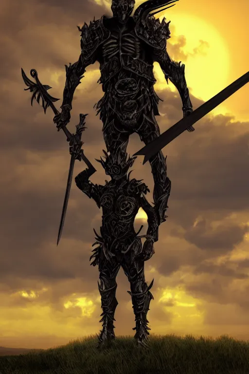 Image similar to photorealistic full body fantasy portrait of death holding a scythe, and wearing a full suit of draconic armor standing on a hill on a sunset, dynamic lighting, photorealistic, 8k, cinematic, stunning, and beautiful scenery
