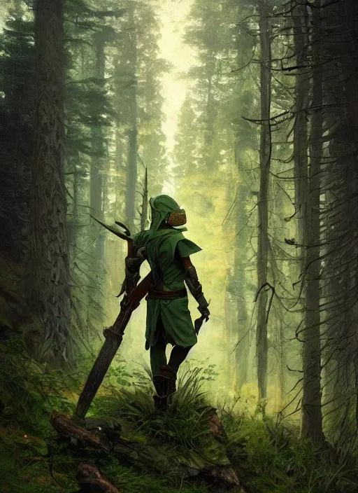 Prompt: elf soldier wearing dark green with a shield and sword on his back standing at a forest looking for adventure in the mountains, tall trees, landscape is lush, moody sunset in background, greg rutkowski, alphonse mucha, trending on artstation, artgerm, unreal engine, breathtaking, award winning, highly detailed