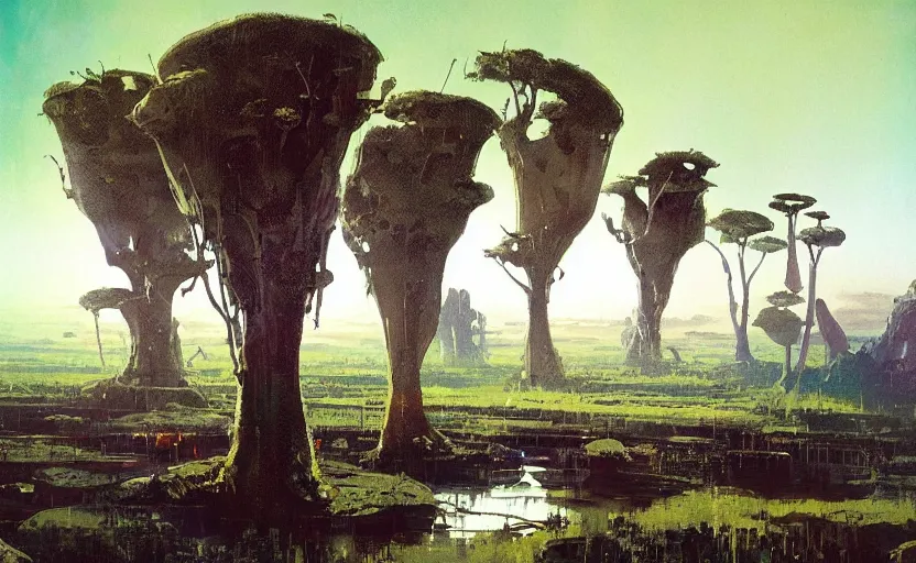 Image similar to 5 0 s pulp scifi illustration, space explorers in beautiful landscape, plain stretching into distance, pond, baobab trees, distant mountains, painted by bergey, craig mullins, john berkey, ruan jia, raymond swanland, jeremy mann, beksinski, jack kirby, tom lovell, alex malveda, schomburg